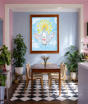 Topo Chico butterfly wings print by Betsy Crum framed in a pink and blue room