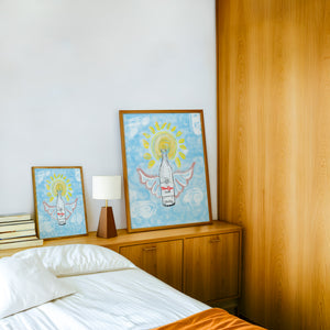 Summer Day Painting Topo Chico art print by Caya Crum — framed in a wood-accent room