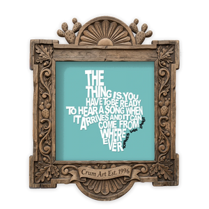 Townes Van Zandt Quote — music wall art print by Betsy Crum in a square carved wood frame