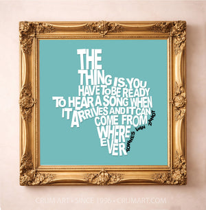 Townes Van Zandt art print in a gold frame by Betsy Crum — square Texas music art from Crum Art, available at crumart.com. This museum quality print is made right here in Texas.
