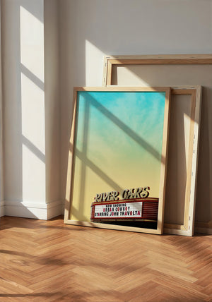 River Oaks Theatre Houston art print by Betsy Crum — neutral frame room mockup