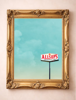 Allsup's under a big Texas sky art print by Betsy Crum in ornate gold frame, Texas roadside wall art