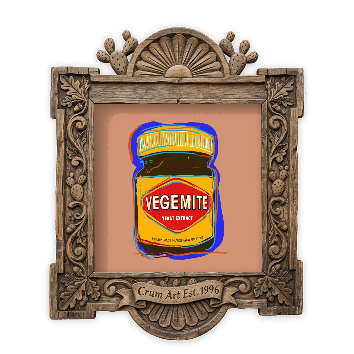 Vegemite Pop — kitchen wall art print by Betsy Crum in a square carved wood frame