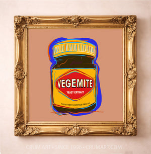 Kitchen wall art Vegemite pop print by Betsy Crum in a square gold frame room scene