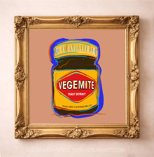 Kitchen wall art Vegemite pop print by Betsy Crum in a square gold frame room scene