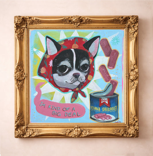 Vienna Sausage Chihuahua Dog Art Print by Crum Art, a matted archival art print with a funny, kitschy Texas feel. This museum quality print is made right here in Texas.