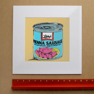 Vienna Sausage Pop Art Print by Caya Crum, inspired by retro can design, bright color, and the funny familiarity of a snack that has lived in Texas cabinets for generations, available at crumart.com. This museum quality print is made right here in Texas.