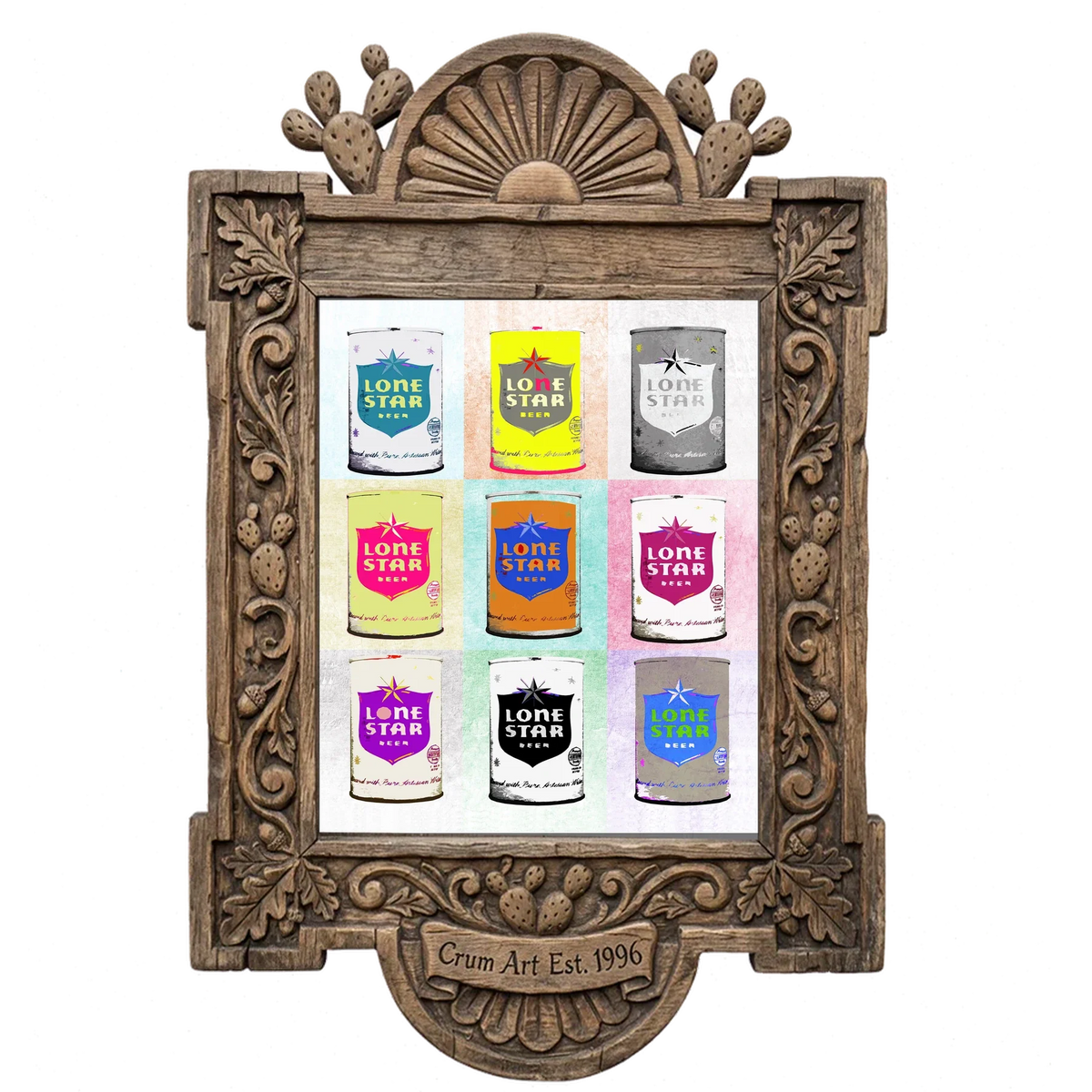 Nine Lone Star Cans — bar art print by Betsy Crum in a carved wood frame