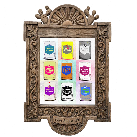 Nine Lone Star Cans — bar art print by Betsy Crum in a carved wood frame
