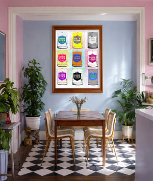 Nine Lone Star cans print by Betsy Crum framed in a pink and blue room