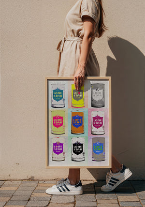 Nine Lone Star Cans bar wall art print by Betsy Crum — framed with velvet mat