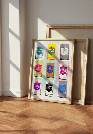 Nine Lone Star Cans bar wall art print by Betsy Crum — neutral frame room mockup