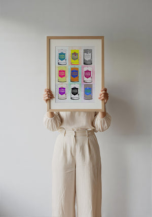 Nine Lone Star Cans bar wall art print by Betsy Crum — framed with velvet mat