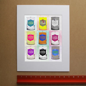 Nine Lone Star cans pop art print by Betsy Crum, hand-signed vertical print
