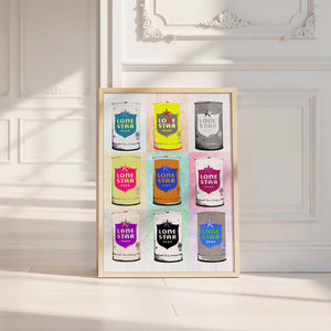 Nine Lone Star Cans bar wall art print by Betsy Crum — neutral frame room mockup