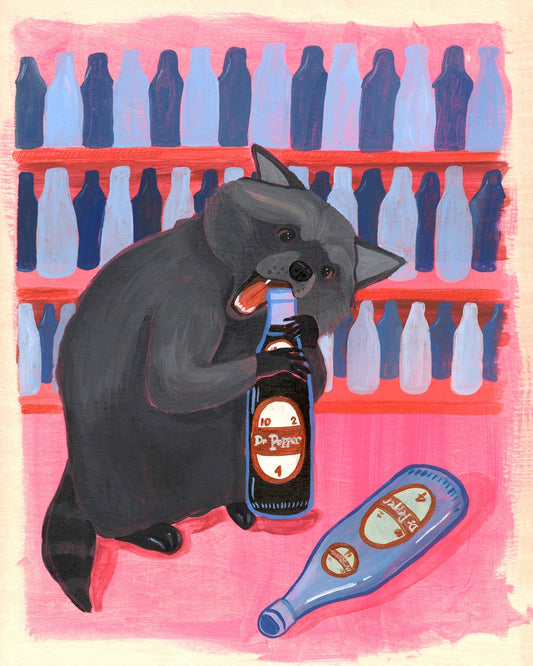 Raccoon holding vintage Dr Pepper bottle whimsical western wall art by Caya Crum