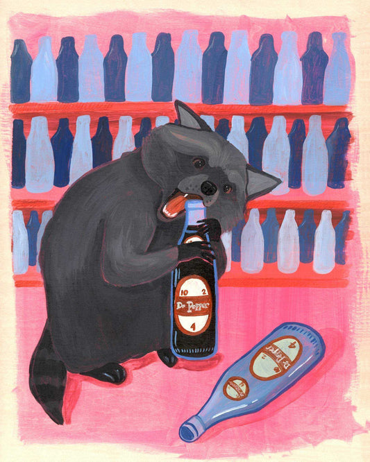 Raccoon holding a Dr Pepper bottle in colorful pop animal art print by Caya Crum