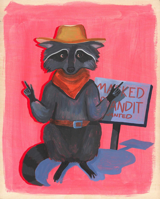 Masked Bandit Raccoon Print pop art by Caya Crum showing raccoon in cowboy hat and bandana on pink background