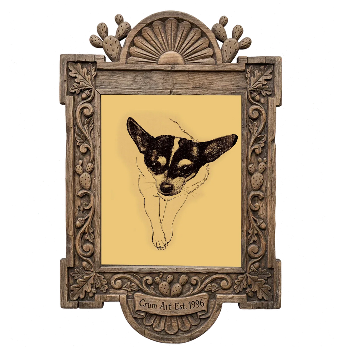 Edie the Rodeo Dog — dog art print by Caya Crum in a carved wood frame