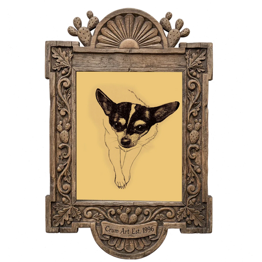Edie the Rodeo Dog — dog art print by Caya Crum in a carved wood frame