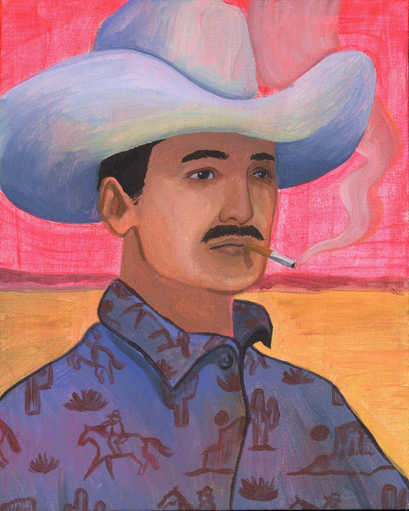 Jesse Smoking Cowboy In Pattern Shirt Print | Western Decor | Caya Crum Art art print by Caya Crum