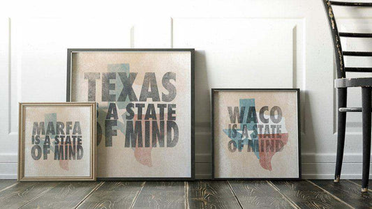 State Of Mind Texas art print featuring Texas map and city names in modern design, archival giclée on cotton paper by Crum Art