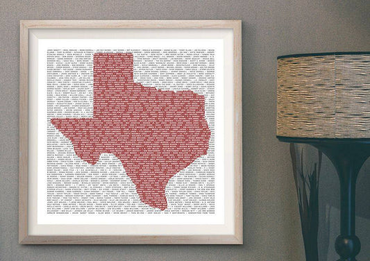 Texas Singer Songwriter art print in red Texas shape with white text background by Betsy Crum, framed wall art for home decor