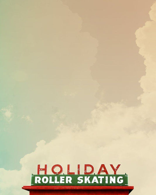Holiday Skate vintage roller skating sign against a cloudy sky, museum print on acid-free cotton paper.