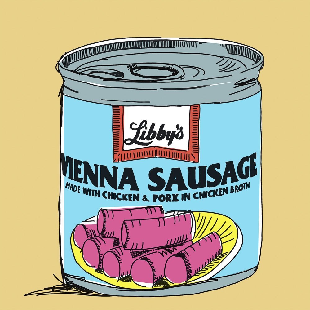 Illustration of a Libby's Vienna Sausage can with sausages on a plate against a beige background