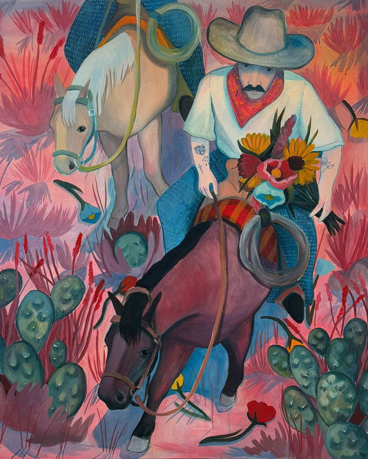 Cowboy and flowers print by Caya Crum featuring a cowboy with horses and southwestern floral elements in vibrant colors