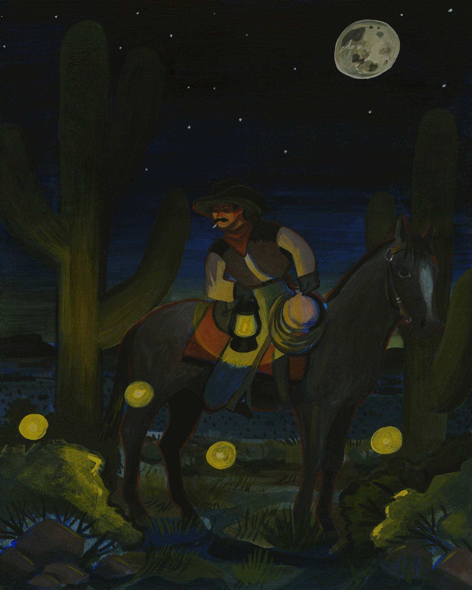 Fireflies Cowboy Print featuring a cowboy on horseback at night with glowing fireflies and a full moon in western desert scenery