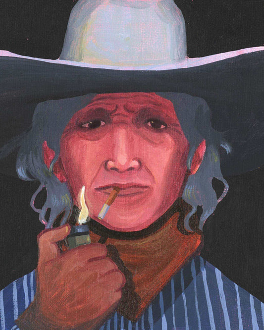 Smoking cowboy older man lighting cigarette art print by Caya Crum