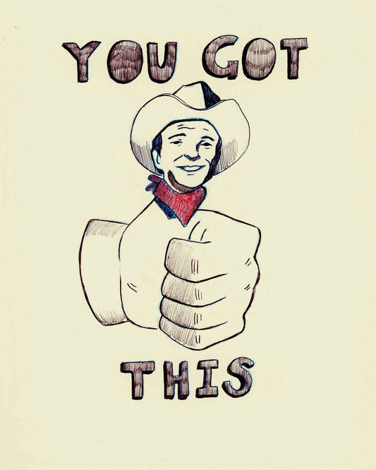 You Got This Cowboy Print by Caya Crum featuring a smiling cowboy giving a thumbs-up in western decor style