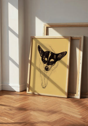 Edie the Rodeo Dog art print by Caya Crum — neutral frame room mockup