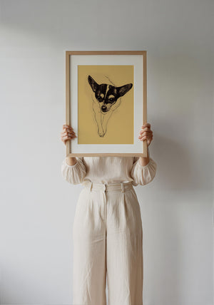Edie the Rodeo Dog art print by Caya Crum — framed with velvet mat