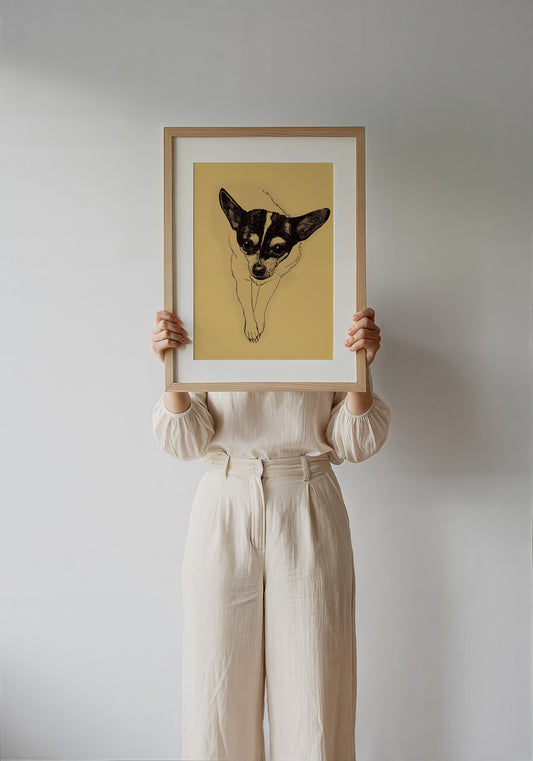 Edie the Rodeo Dog art print by Caya Crum — framed with velvet mat