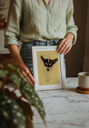 Edie the Rodeo Dog art print by Caya Crum — neutral frame room mockup