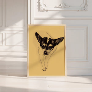 Edie the Rodeo Dog art print by Caya Crum — neutral frame room mockup