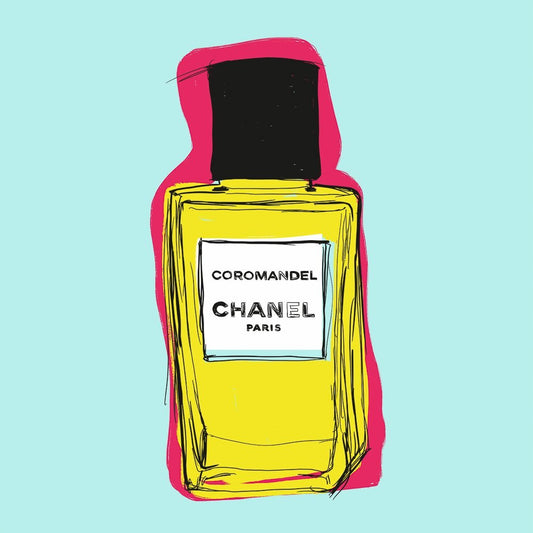 Chanel Coromandel Print colorful illustrated perfume bottle on blue background by Crum Art
