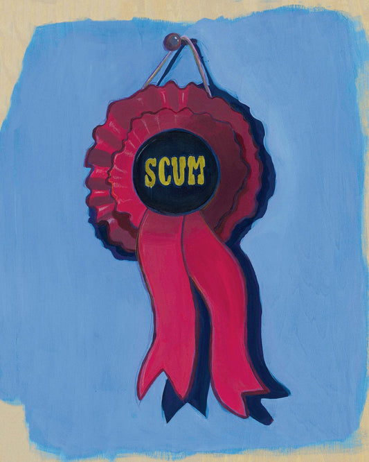 Best In Show Ribbon Scum Print by Caya Crum, red ribbon with "SCUM" text on blue background wall art