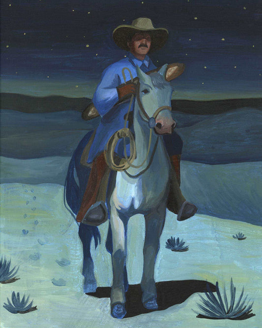 Cowboy At Night On Se Print showing a cowboy on a horse under starry night sky, western decor art by Caya Crum