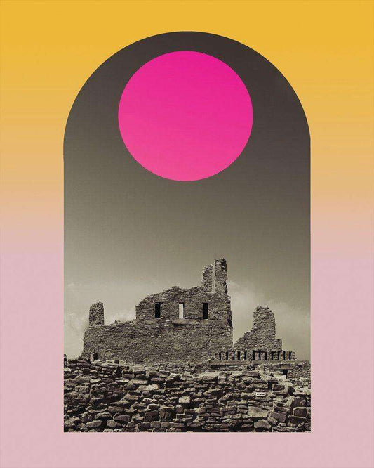 Abo New Mexico Art print featuring ruins under a large pink sun on a gradient background by Crum Art
