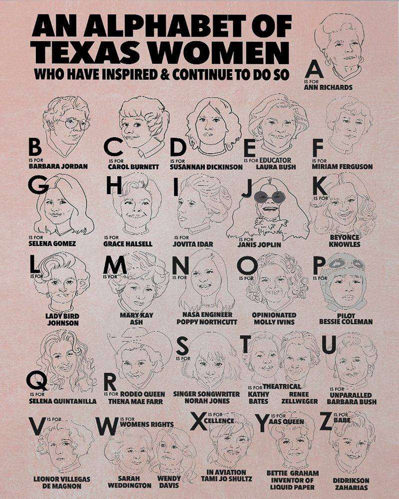 Texas Alphabet Of Women art print featuring influential Texas women by Betsy Crum, archival quality wall art made in Texas