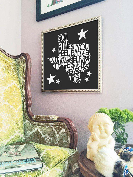 Alvin Ailey Quote black and white Texas shaped art print on wall by Betsy Crum