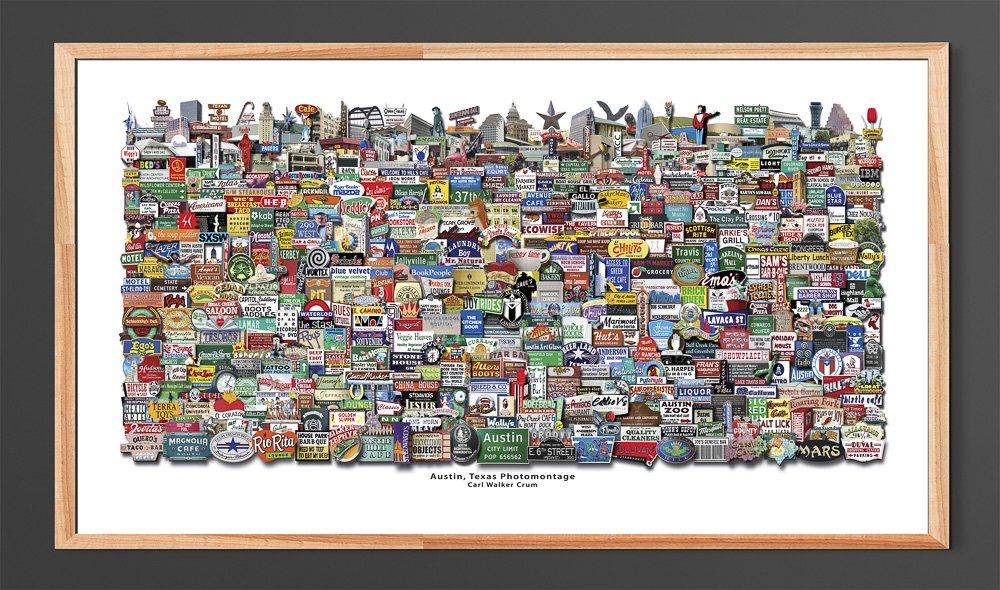 Austin Texas Modern Photomontage art print featuring 600 iconic Austin signs and landmarks in a framed collage