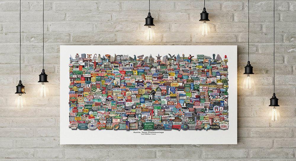 Austin Texas Modern Photomontage artwork featuring 600 colorful signs and landmarks on a white background, displayed on a brick wall with hanging lights.
