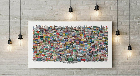 Austin Texas Modern Photomontage art print by Carl Crum on white wall with hanging lights