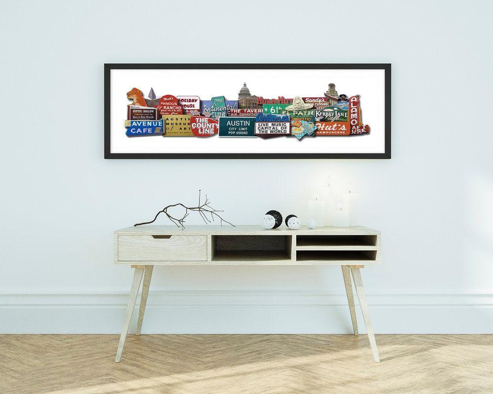 Austin Texas favorite signs and landmarks collage art print by Carl Crum on cotton rag paper in a modern black frame above a minimalist wooden console table