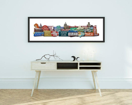 Austin Texas favorite signs and landmarks collage art print by Carl Crum on cotton rag paper in a modern black frame above a minimalist wooden console table