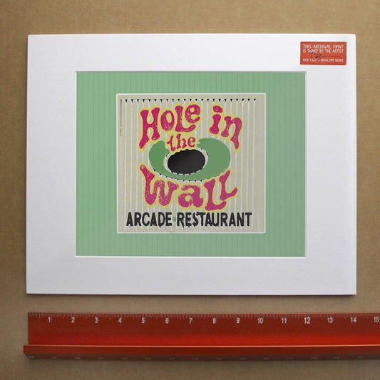 Museum print of Hole in the Wall Arcade Restaurant logo on acid-free cotton paper with artist's signature, matted and shipped flat.